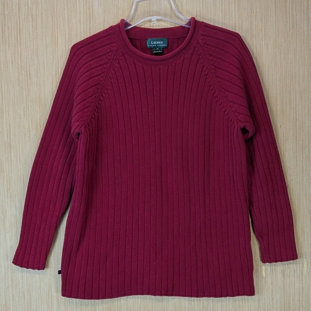 Lauren Ralph Lauren Womens Ribbed Roll Neck Knit Sweater Size 1X Red Cotton